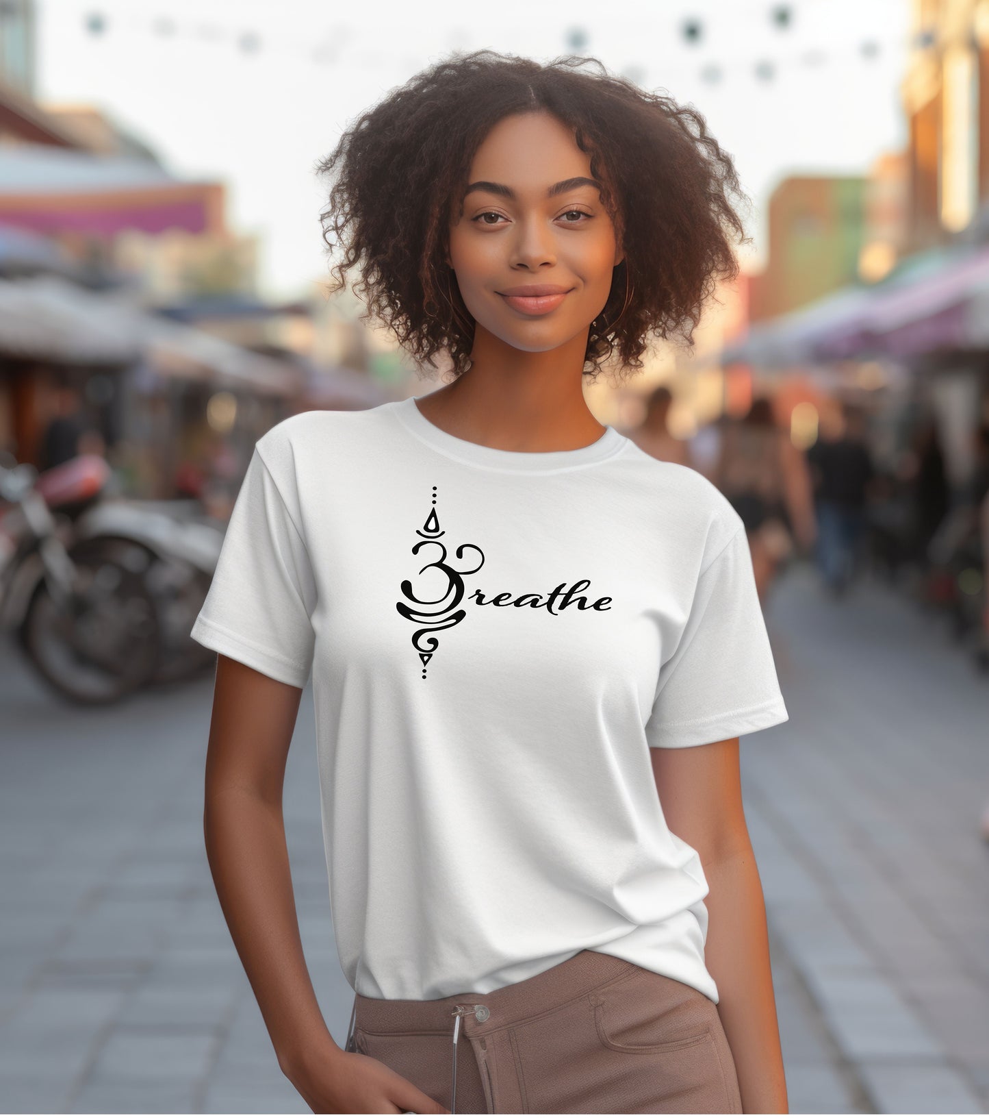 Breathe in Sanskrit T-shirt featuring an elegant black Sanskrit-inspired symbol integrated with the word 'Breathe' in flowing script. Printed on a soft, short-sleeve white unisex tee, this calming design promotes mindfulness and relaxation. Perfect for yoga enthusiasts, meditation practitioners, and anyone embracing a peaceful, intentional lifestyle.