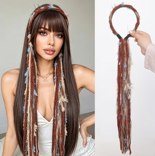 Boho Braided Headband with Colorful Tassels, Hippie Hair Accessory - Brown