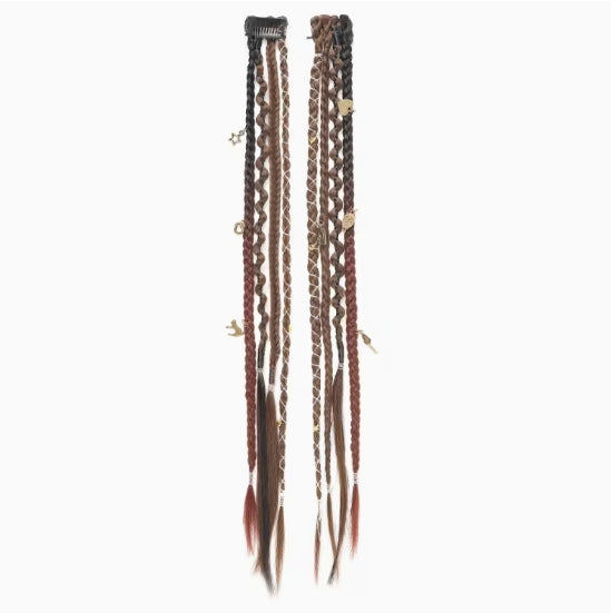 Boho Braided Hair Clip with Beads & Charms, Clip-In Hair Extension - Brunette