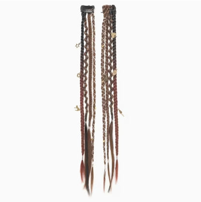 Boho Braided Hair Clip with Beads & Charms, Clip-In Hair Extension - Brunette