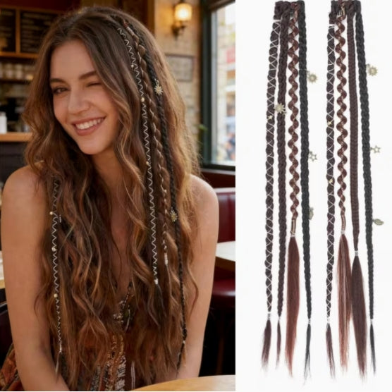 Boho Braided Hair Clip with Beads & Charms, Clip-In Hair Extension - Brunette