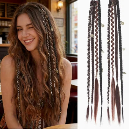 Boho Braided Hair Clip with Beads & Charms, Clip-In Hair Extension - Brunette