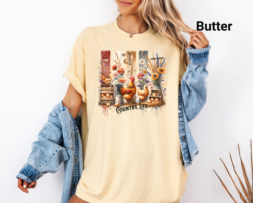 Country Life Graphic Tee, Casual & Stylish Brushstroke TShirt for Farm Lovers, Great Gift for Chicken Lovers, Farm Life, Comfort Colors® Tee