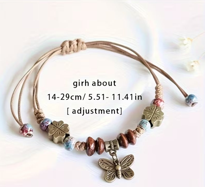 Free Spirit Butterfly Charm Bracelet, Rustic Boho Beaded Jewelry