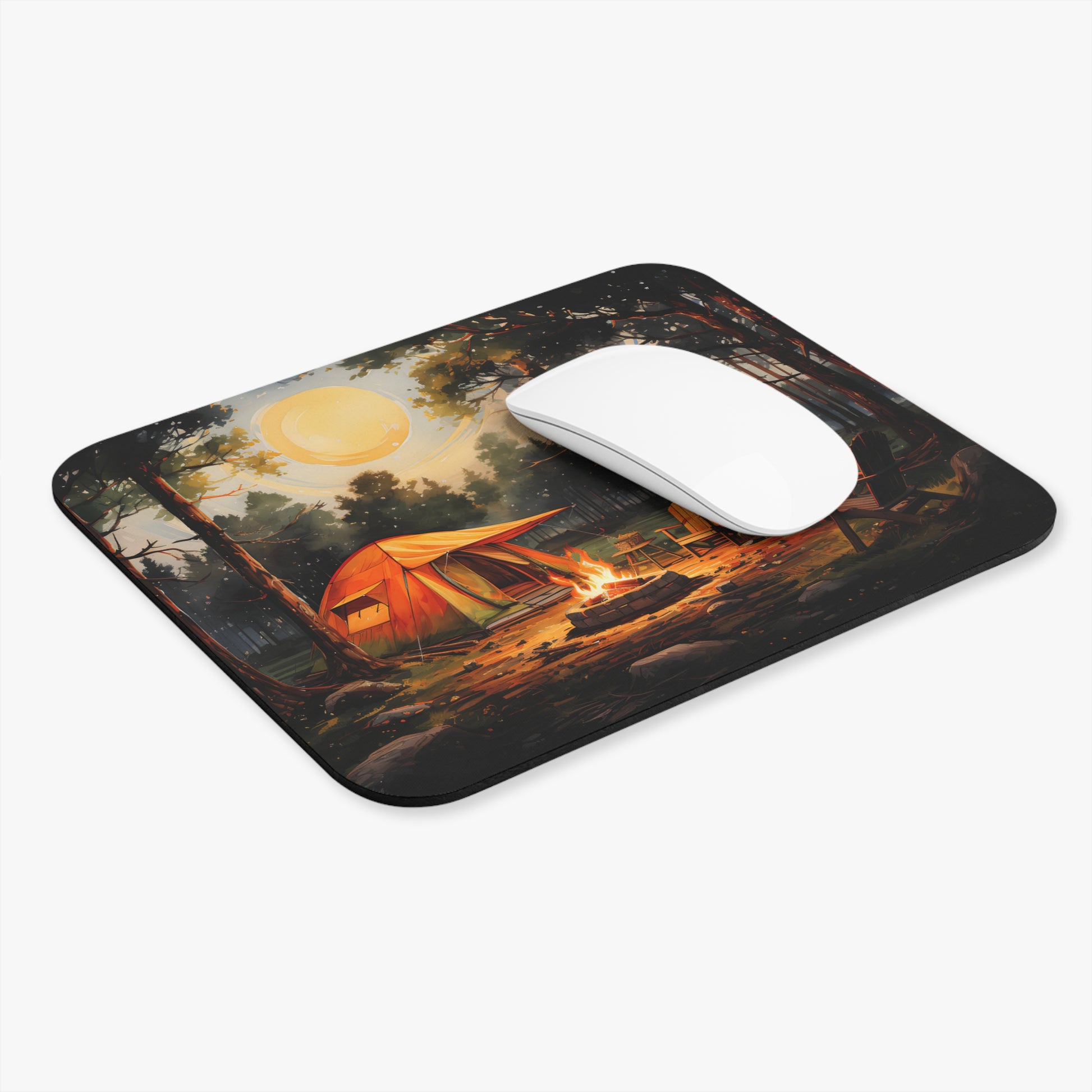 Mouse pad with a camping scene design featuring a tent and trees, accompanied by a white mouse.