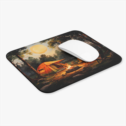 Mouse pad with a camping scene design featuring a tent and trees, accompanied by a white mouse.