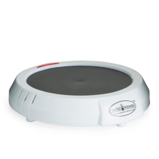 A white electric candle warmer plate labeled "Candle Warmers"  Ideal for safely melting candles from the bottom up without a flame, releasing fragrance throughout the room.