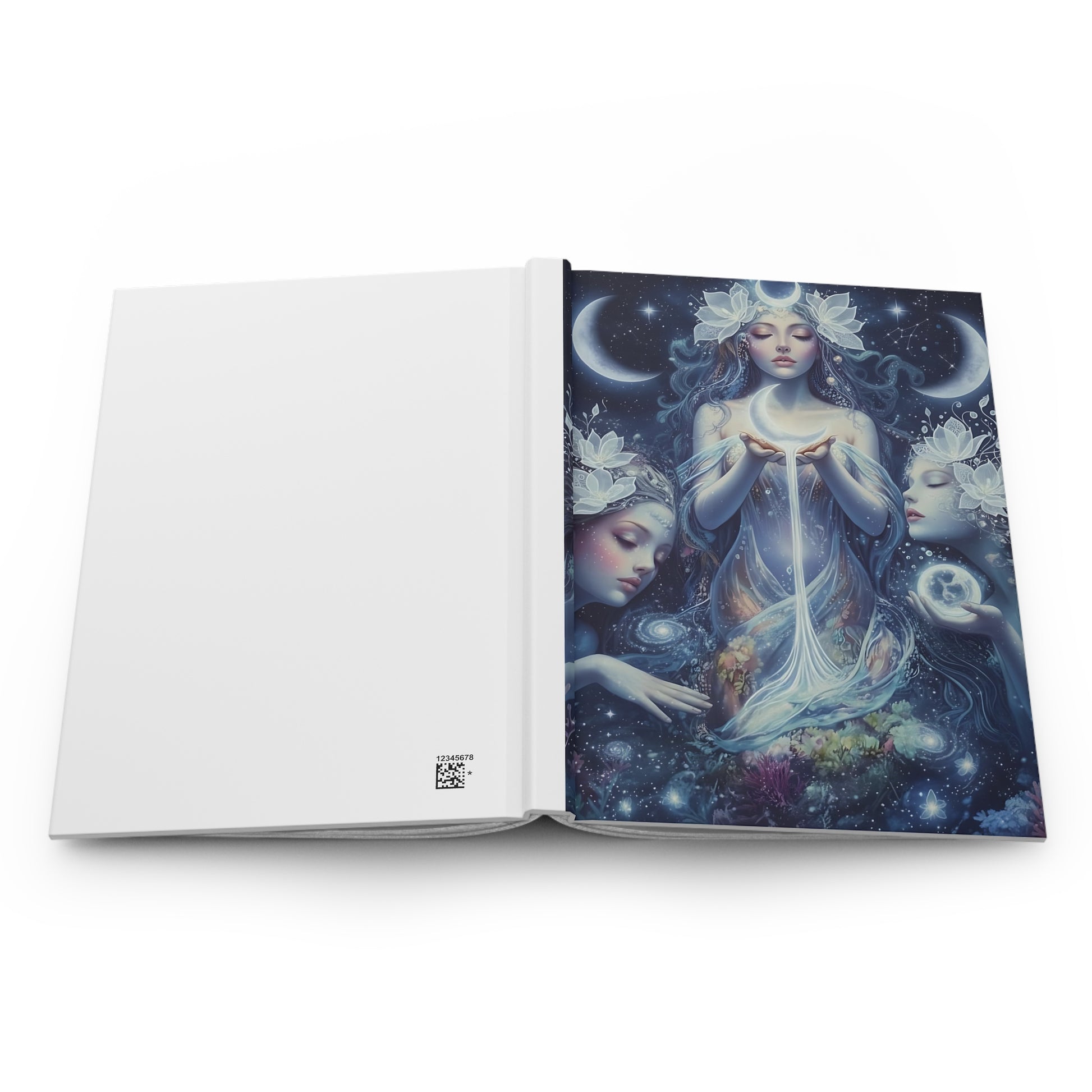 Hardcover Journal lying flat showing front and back covers with a fantasy illustration against a cosmic background.