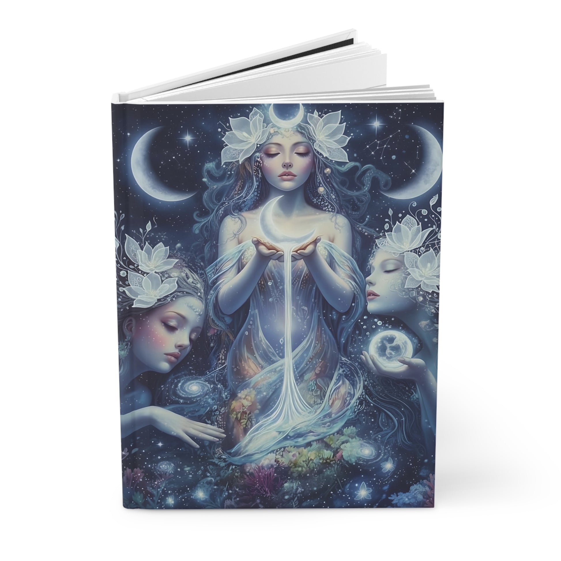 Open hardcover journal with a fantasy design of a goddess holding a moon against a starry night sky.