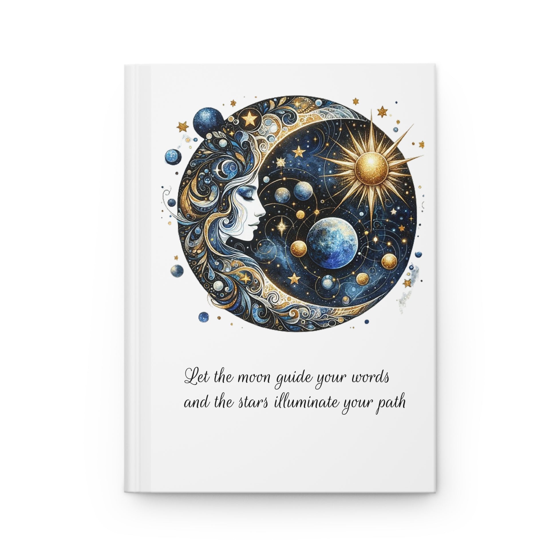 Decorative hardcover journal with celestial design and inspirational quote on a white background