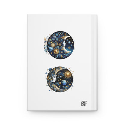 Hardcover celestial moon goddess journal with celestial design on a white background showing back cover