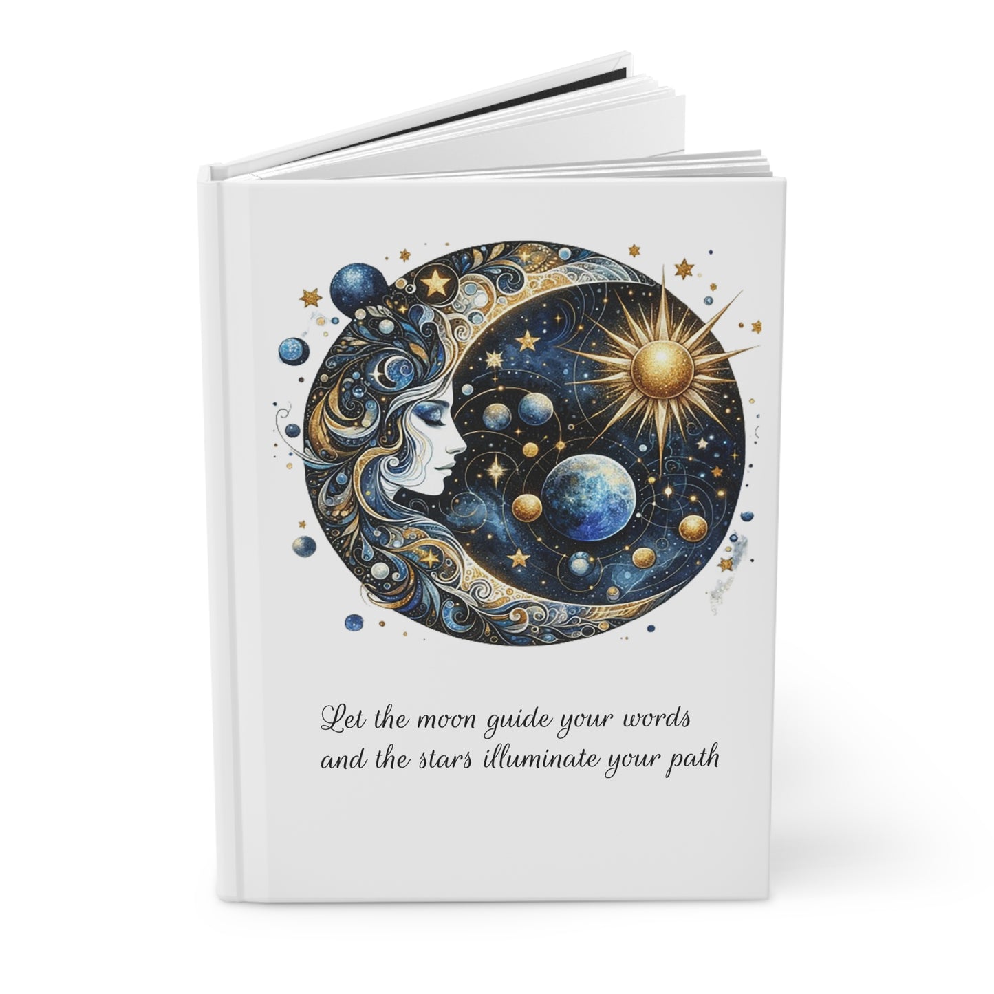 Hardcover celestial moon goddess journal with celestial design and text on a white background