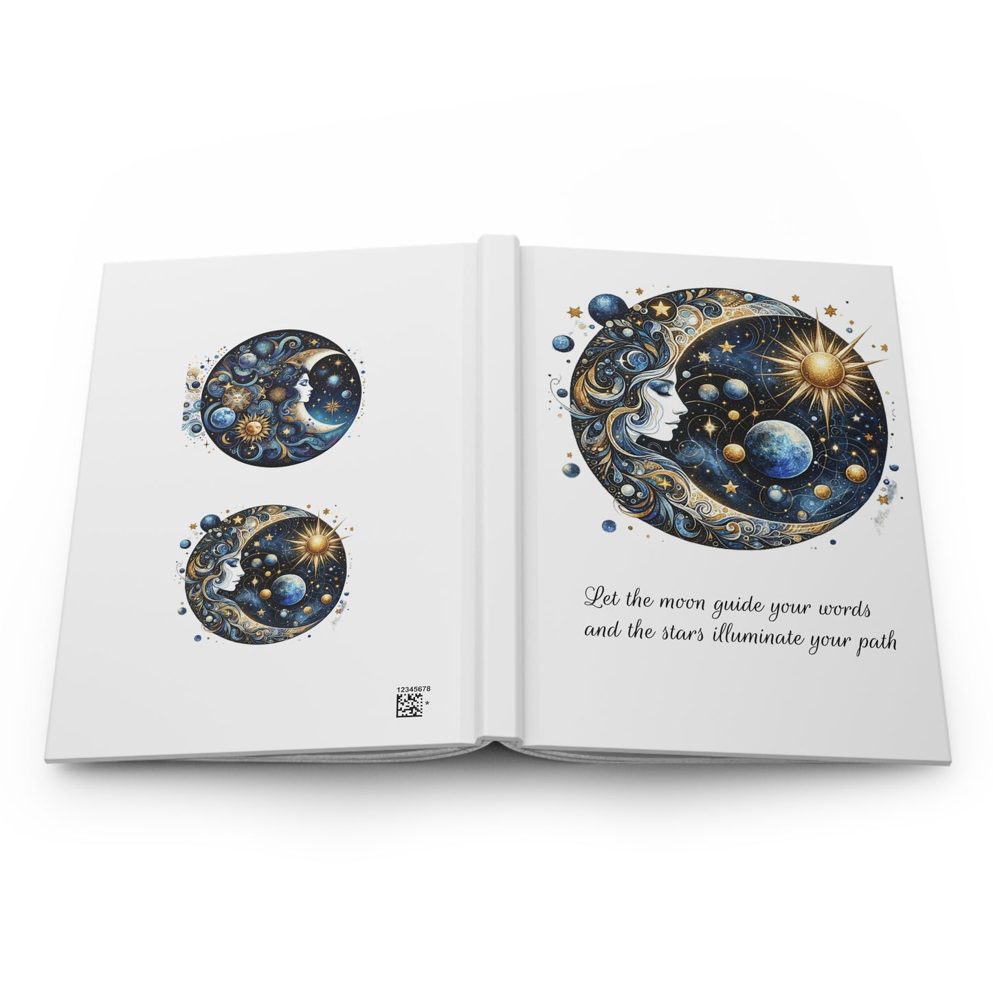 Open journal with celestial designs and motivational quote on a white background showing front and back at the same time