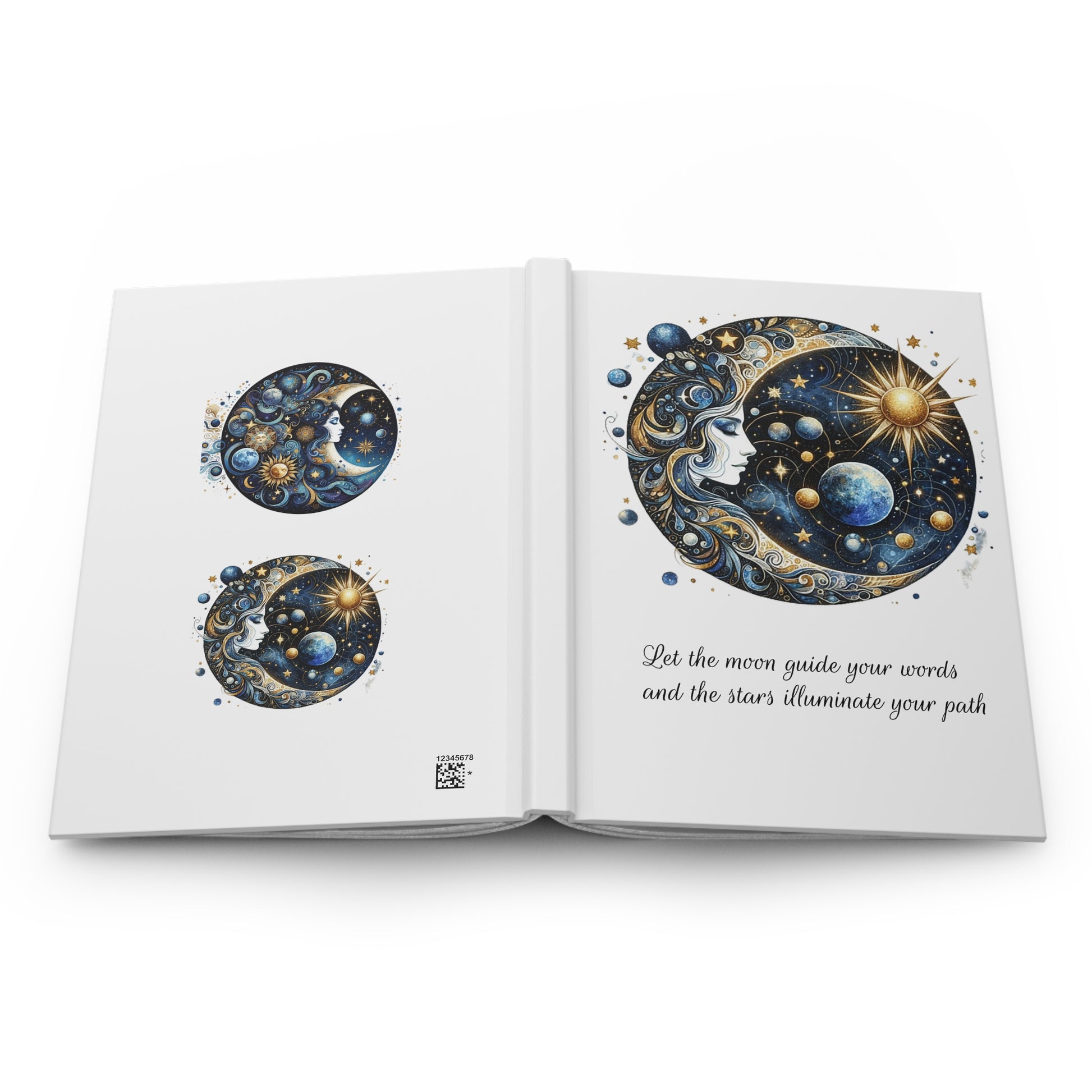Open journal with celestial designs and motivational quote on a white background showing front and back at the same time