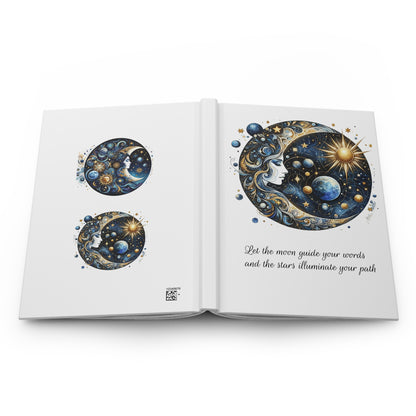 Open journal with celestial designs and motivational quote on a white background showing front and back at the same time