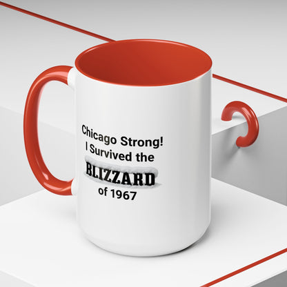 White mug with red interior and handle featuring text about surviving the Blizzard of 1967 on a white background.