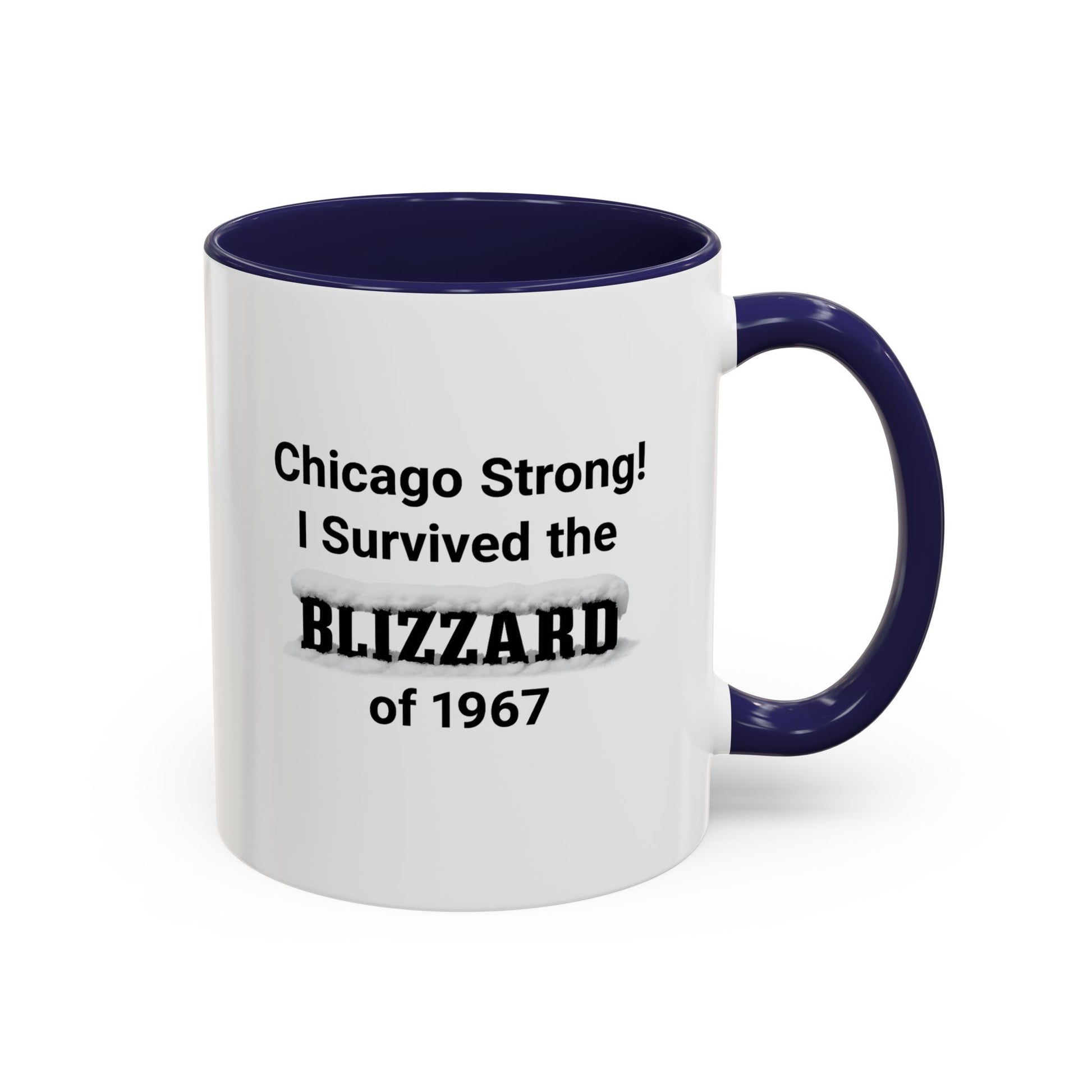 White ceramic mug with navy interior and handle featuring text about surviving the 1967 Blizzard of Chicago.