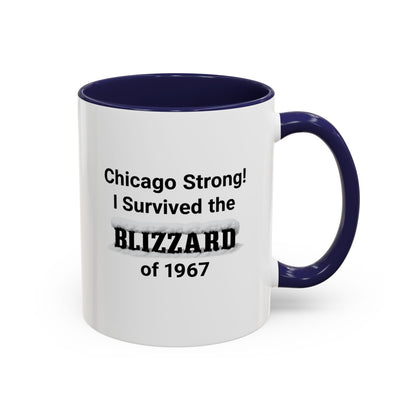 White ceramic mug with navy interior and handle featuring text about surviving the 1967 Blizzard of Chicago.