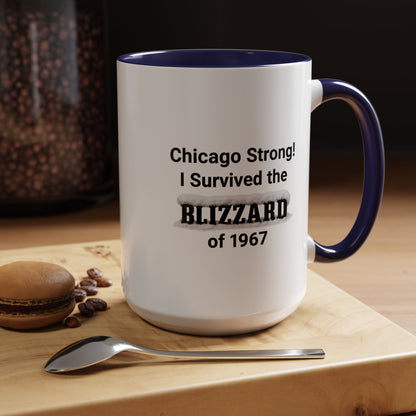 Mug with 'Chicago Strong! I Survived the Blizzard of 1967' text on a wooden surface with coffee beans and a spoon.