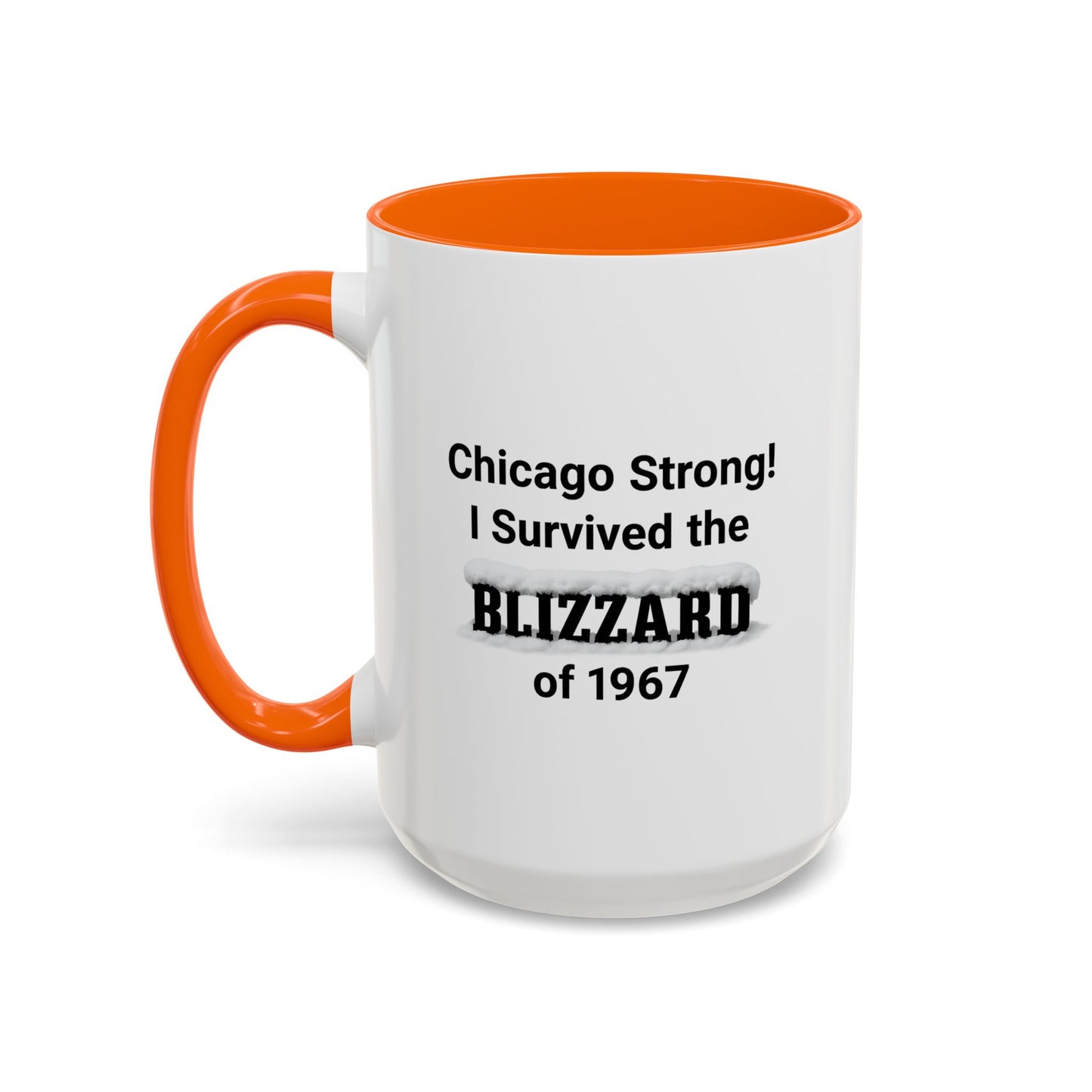 White mug with orange handle and interior, featuring text about surviving the Blizzard of 1967.