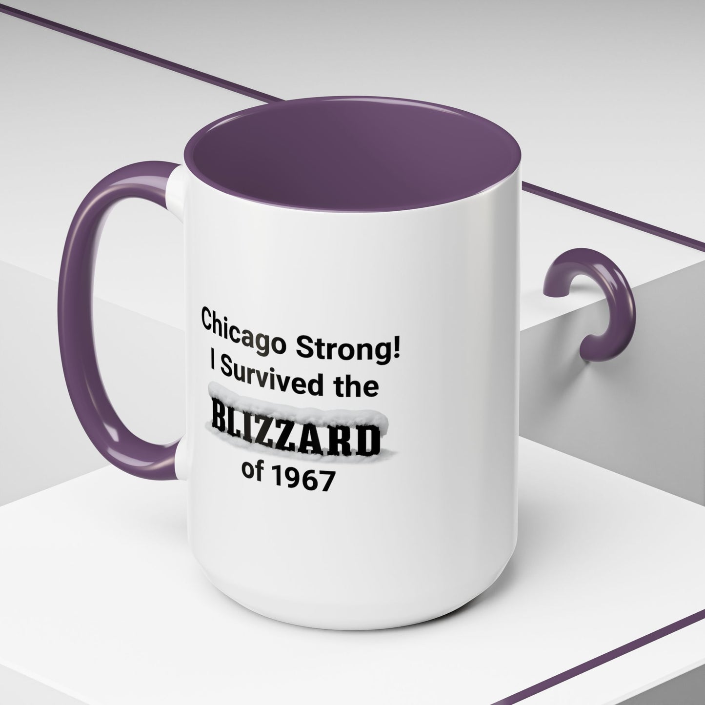 White mug with purple interior and handle featuring text about surviving the Blizzard of 1967.