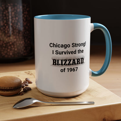 Mug with 'Chicago Strong! I Survived the Blizzard of 1967' text on a wooden surface with coffee beans and a spoon.