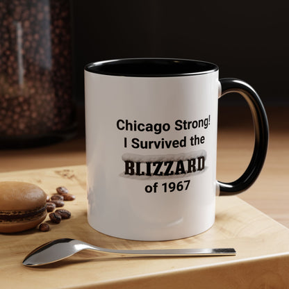 Ceramic Mug with 'Chicago Strong! I Survived the Blizzard of 1967' text on a wooden surface with coffee beans and a spoon.