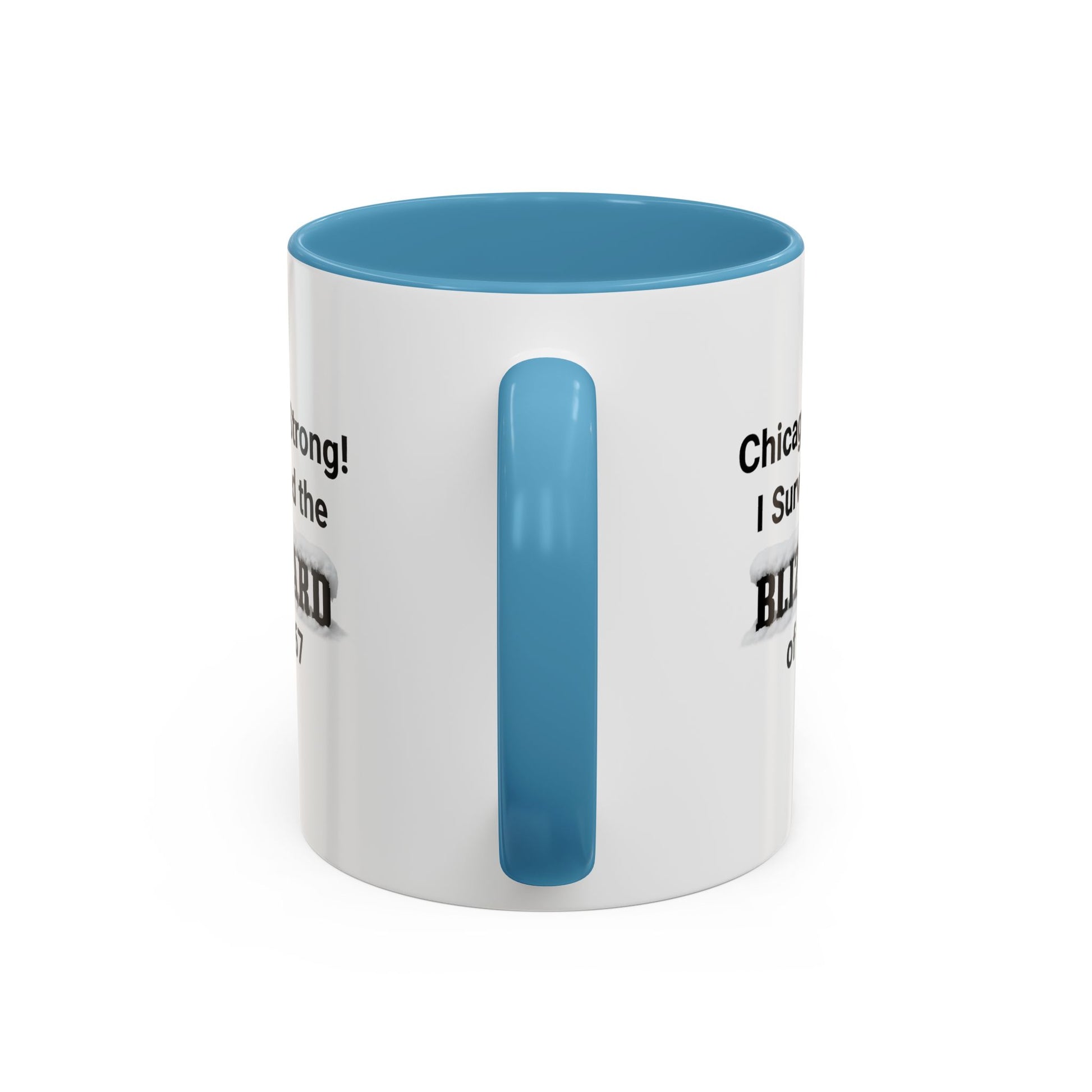 White mug with light blue interior and handle on a white background