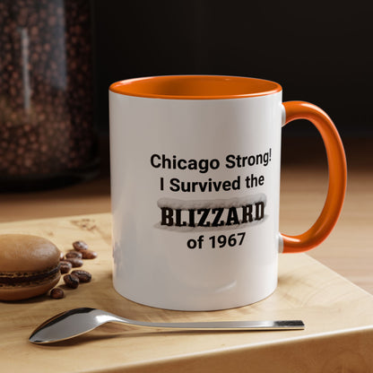 Mug with 'Chicago Strong! I Survived the Blizzard of 1967' text on a wooden surface with coffee beans and a spoon.