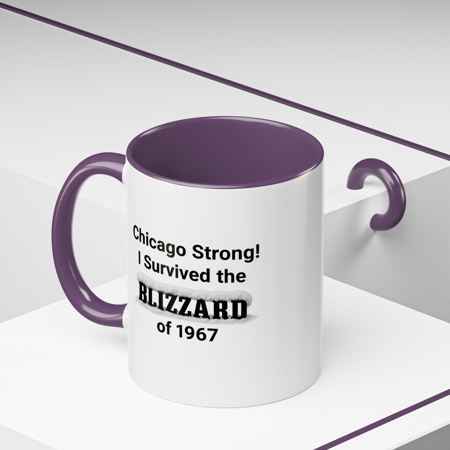 White mug with purple interior and handle featuring text about surviving the 1967 Blizzard of Chicago.