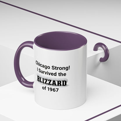 White mug with purple interior and handle featuring text about surviving the 1967 Blizzard of Chicago.