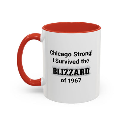 White mug with red interior and handle featuring text about surviving the Blizzard of 1967.