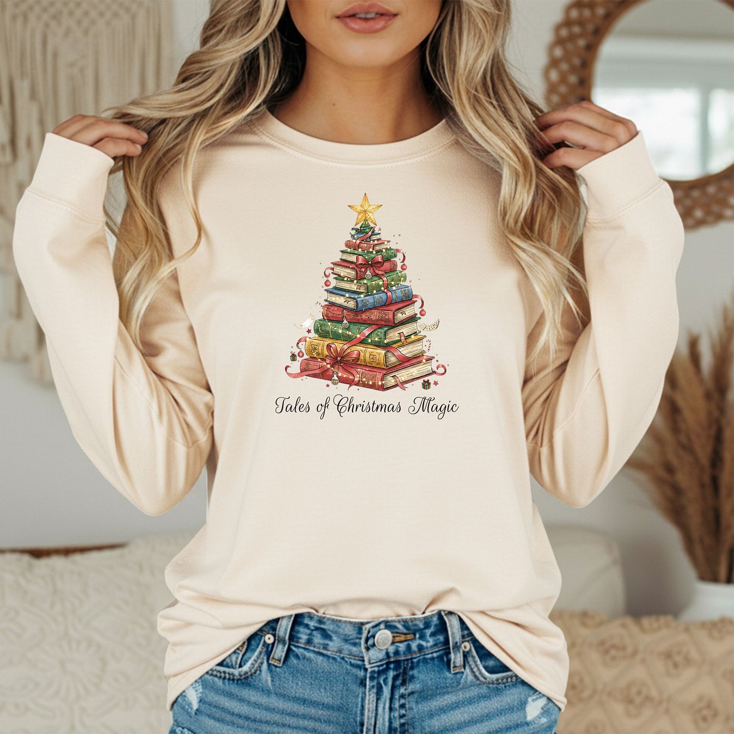 Tales of Christmas Magic Long Sleeve T-Shirt, Gift for Book Lovers, Book Tree Holiday Design