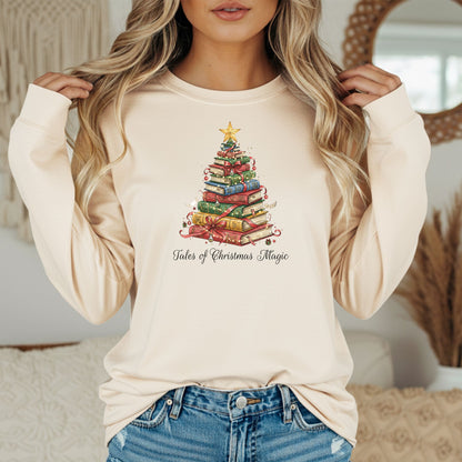 Tales of Christmas Magic Long Sleeve T-Shirt, Gift for Book Lovers, Book Tree Holiday Design