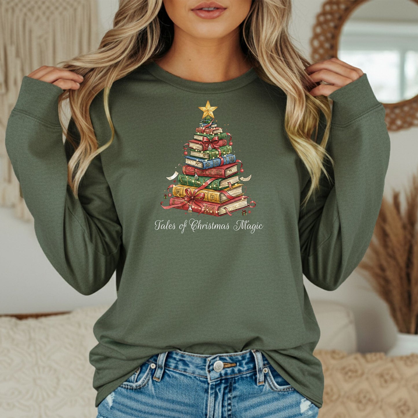 Tales of Christmas Magic Long Sleeve T-Shirt, Gift for Book Lovers, Book Tree Holiday Design
