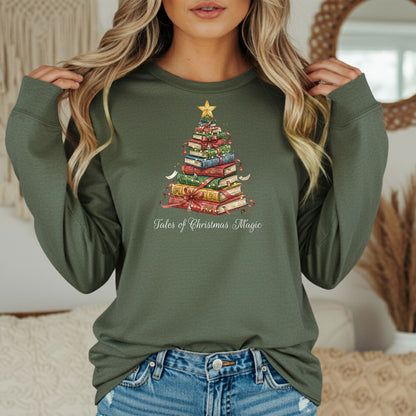 Tales of Christmas Magic Long Sleeve T-Shirt, Gift for Book Lovers, Book Tree Holiday Design