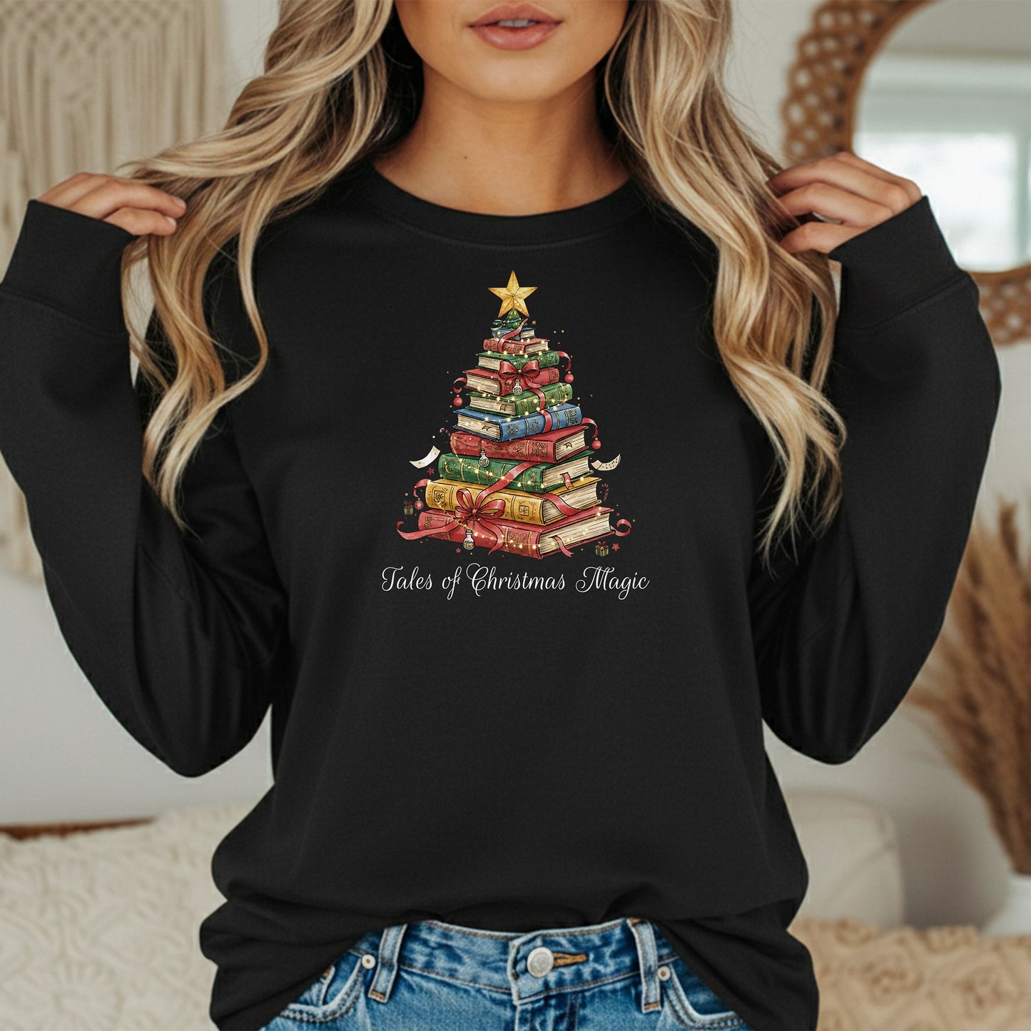 Tales of Christmas Magic Long Sleeve T-Shirt, Gift for Book Lovers, Book Tree Holiday Design