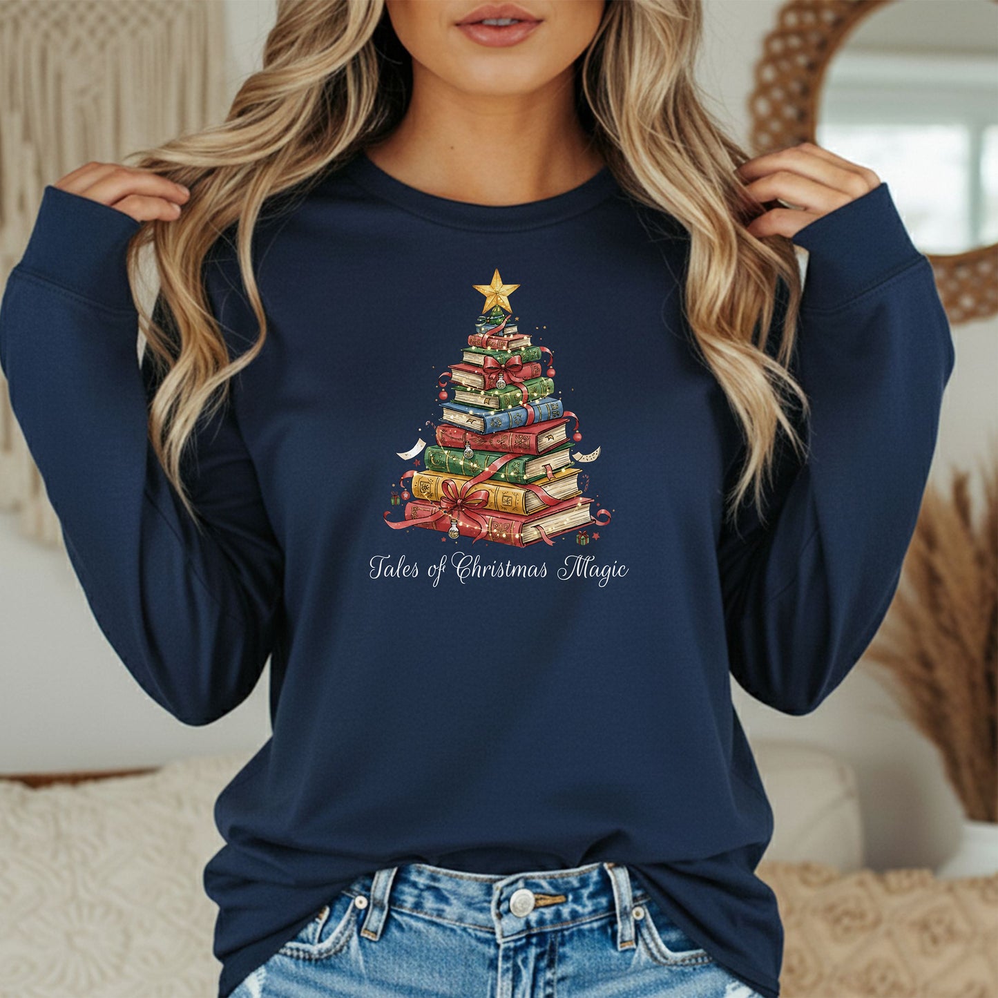 Tales of Christmas Magic Long Sleeve T-Shirt, Gift for Book Lovers, Book Tree Holiday Design