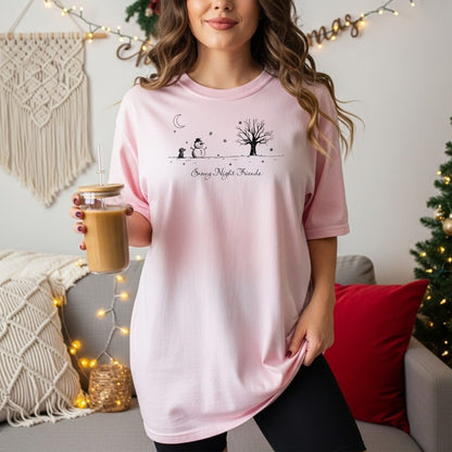 Snowy Night Friends Christmas T-Shirt, Dog, Snowman & Tree Winter Scene