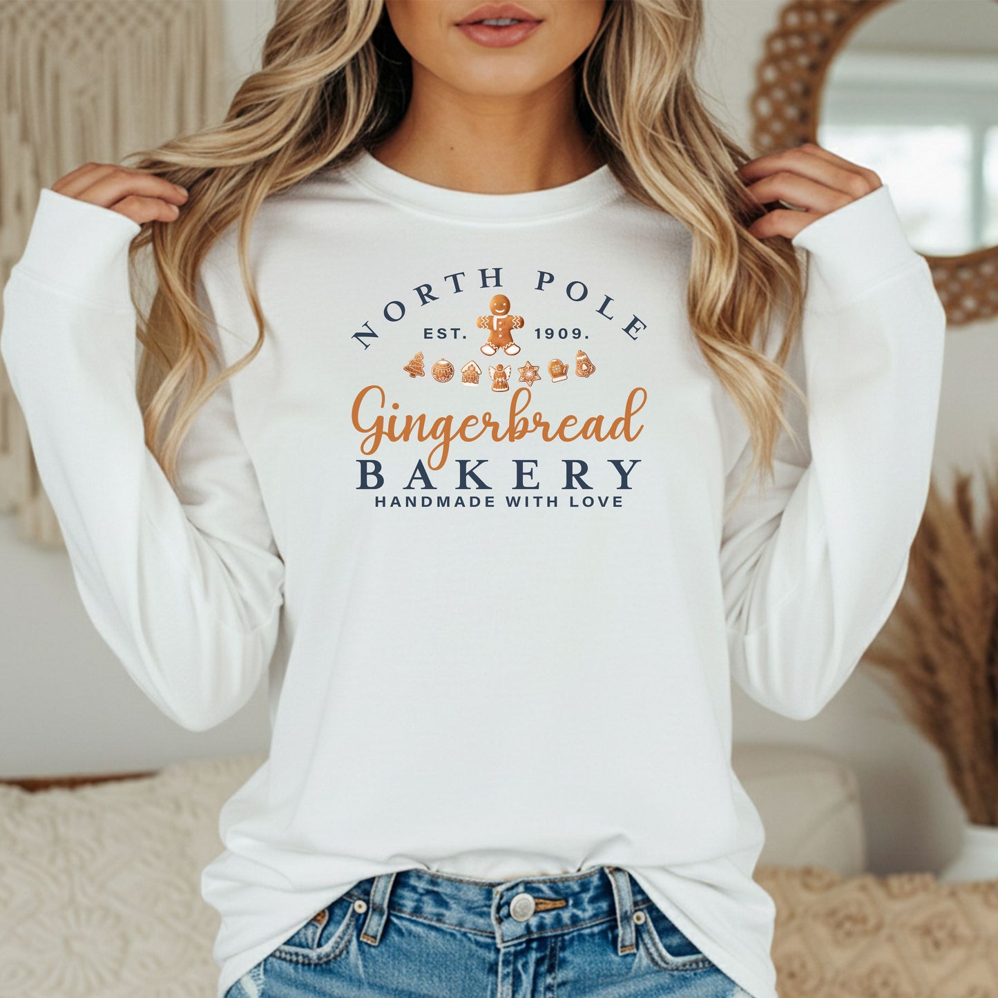 North Pole Gingerbread Bakery Long Sleeve Tee, Cozy Holiday T-Shirt, Christmas Gift, Sweet Holiday Style