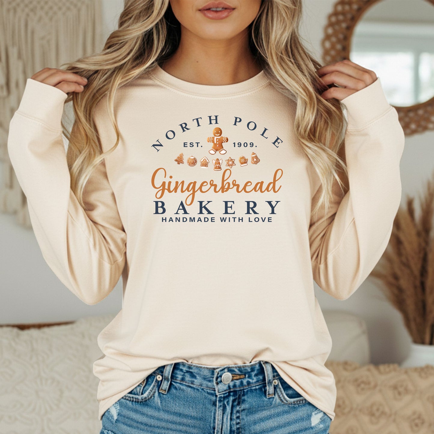 North Pole Gingerbread Bakery Long Sleeve Tee, Cozy Holiday T-Shirt, Christmas Gift, Sweet Holiday Style