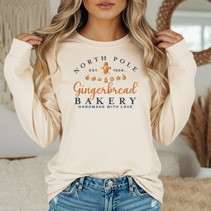 North Pole Gingerbread Bakery Long Sleeve Tee, Cozy Holiday T-Shirt, Christmas Gift, Sweet Holiday Style
