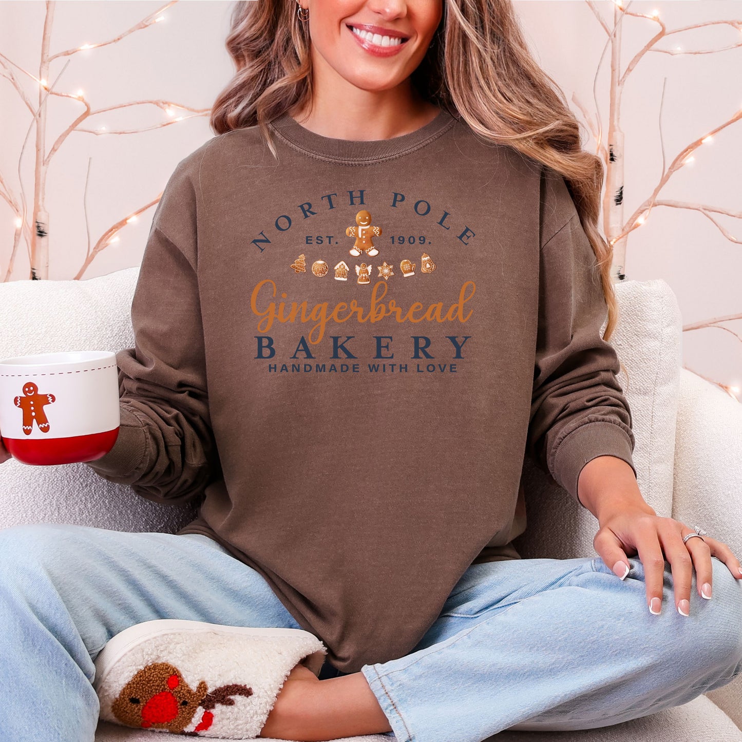North Pole Gingerbread Bakery Long Sleeve Tee, Cozy Holiday T-Shirt, Christmas Gift, Sweet Holiday Style