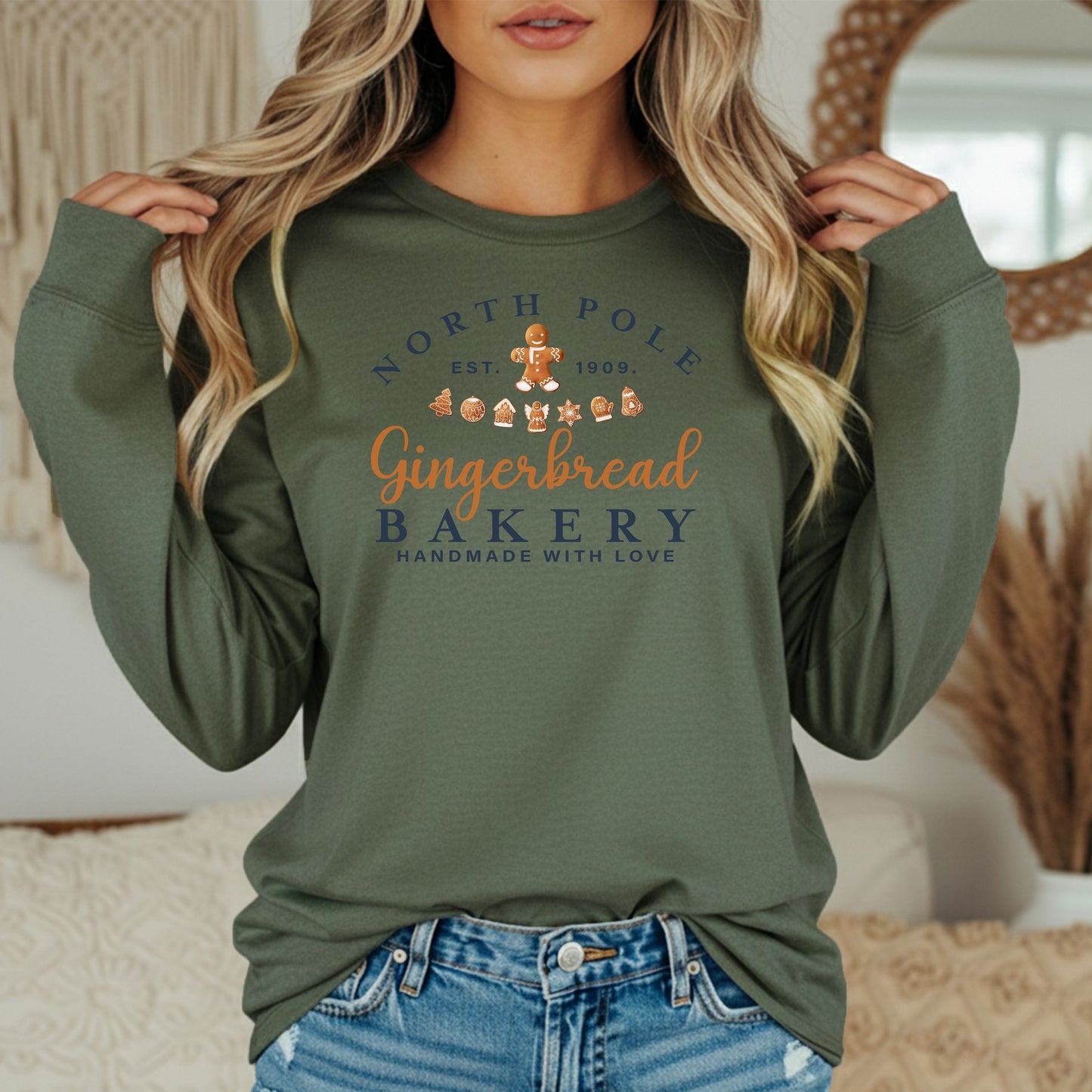 North Pole Gingerbread Bakery Long Sleeve Tee, Cozy Holiday T-Shirt, Christmas Gift, Sweet Holiday Style