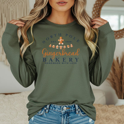 North Pole Gingerbread Bakery Long Sleeve Tee, Cozy Holiday T-Shirt, Christmas Gift, Sweet Holiday Style