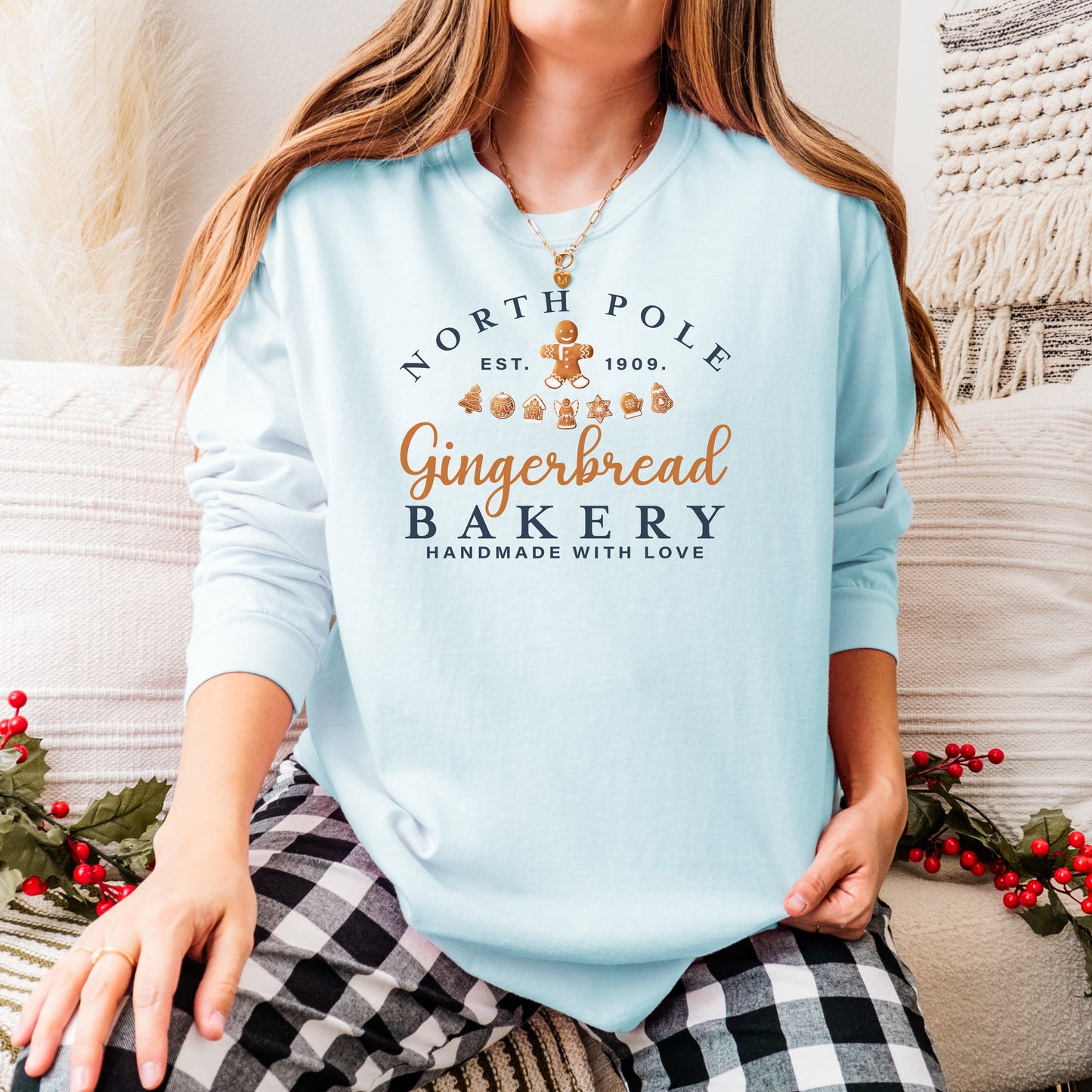 North Pole Gingerbread Bakery Long Sleeve Tee, Cozy Holiday T-Shirt, Christmas Gift, Sweet Holiday Style