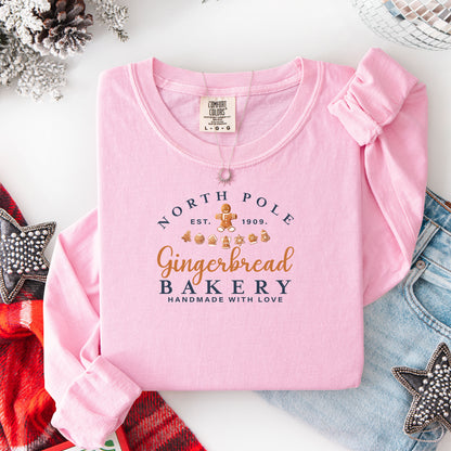 North Pole Gingerbread Bakery Long Sleeve Tee, Cozy Holiday T-Shirt, Christmas Gift, Sweet Holiday Style