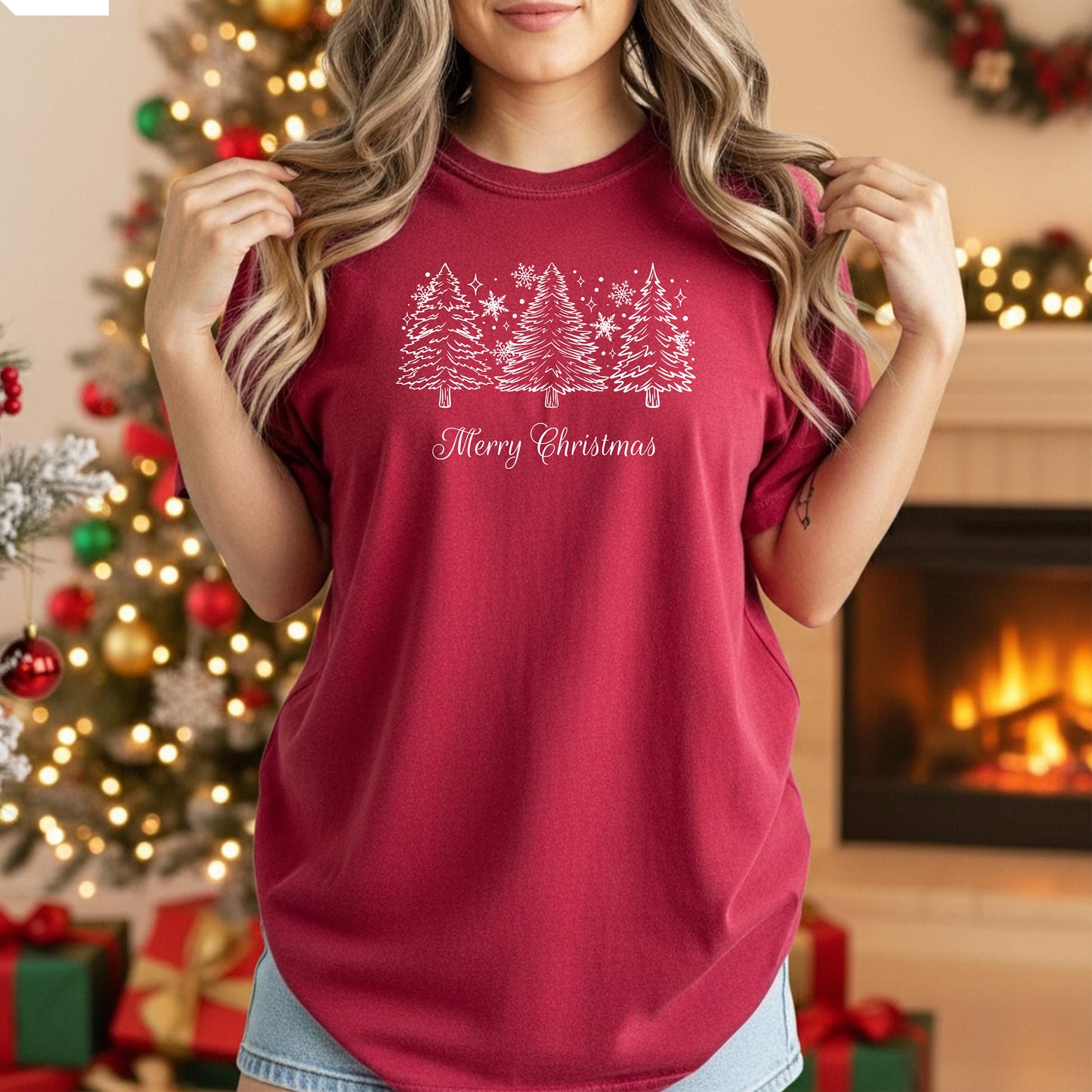 Merry Christmas T-shirt, Vintage Christmas Shirt, Evergreen Trees & Snowflakes T-shirt