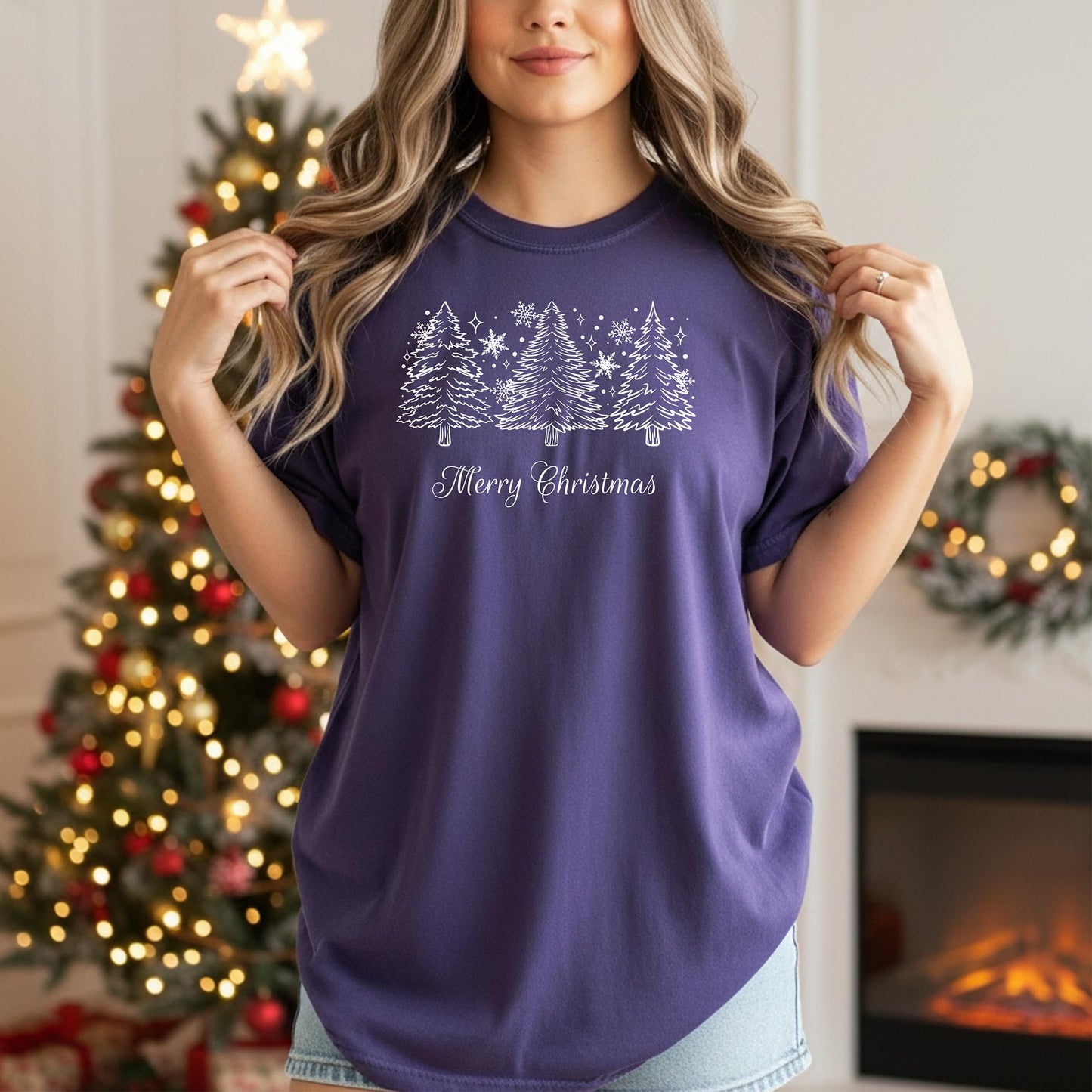 Merry Christmas T-shirt, Vintage Christmas Shirt, Evergreen Trees & Snowflakes T-shirt