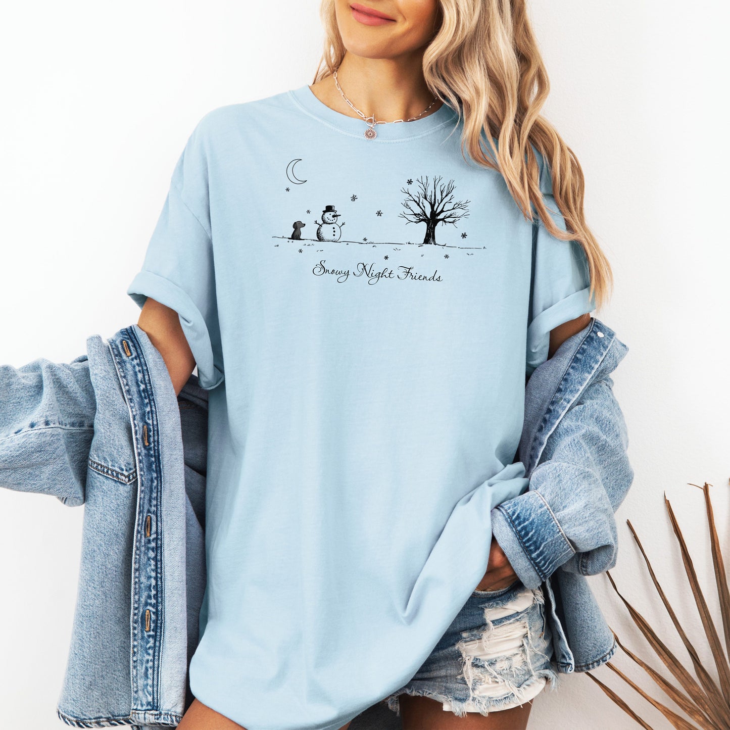 Snowy Night Friends Christmas T-Shirt, Dog, Snowman & Tree Winter Scene